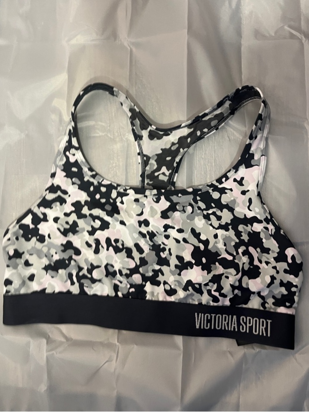PINK Victoria's Secret Black, White & Light Pink Camo Racerback Sports Bra